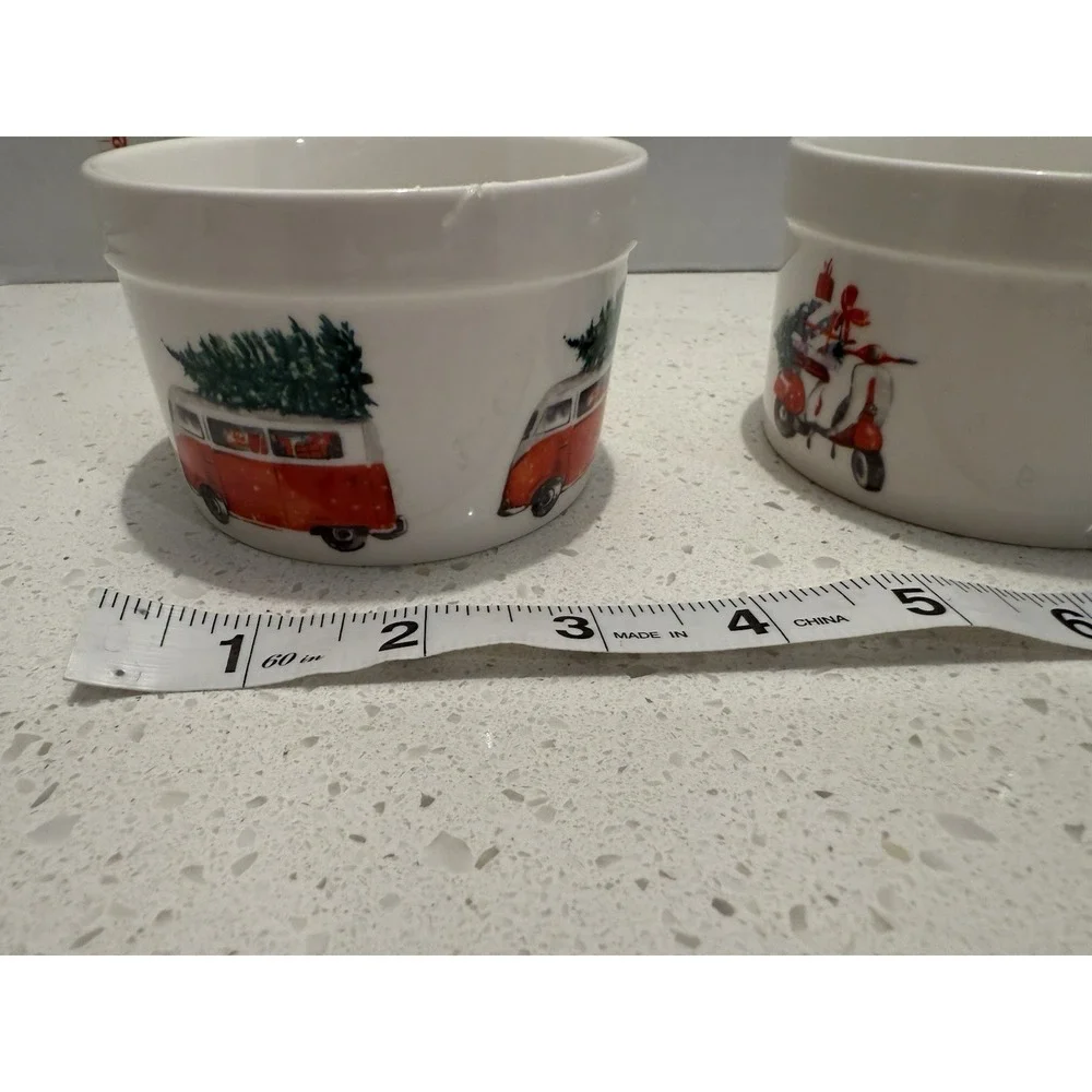 Ciroa Celebrate Christmas Ramekins Custard Cups VW‎ Van & Scooter Trees Set Of 2
